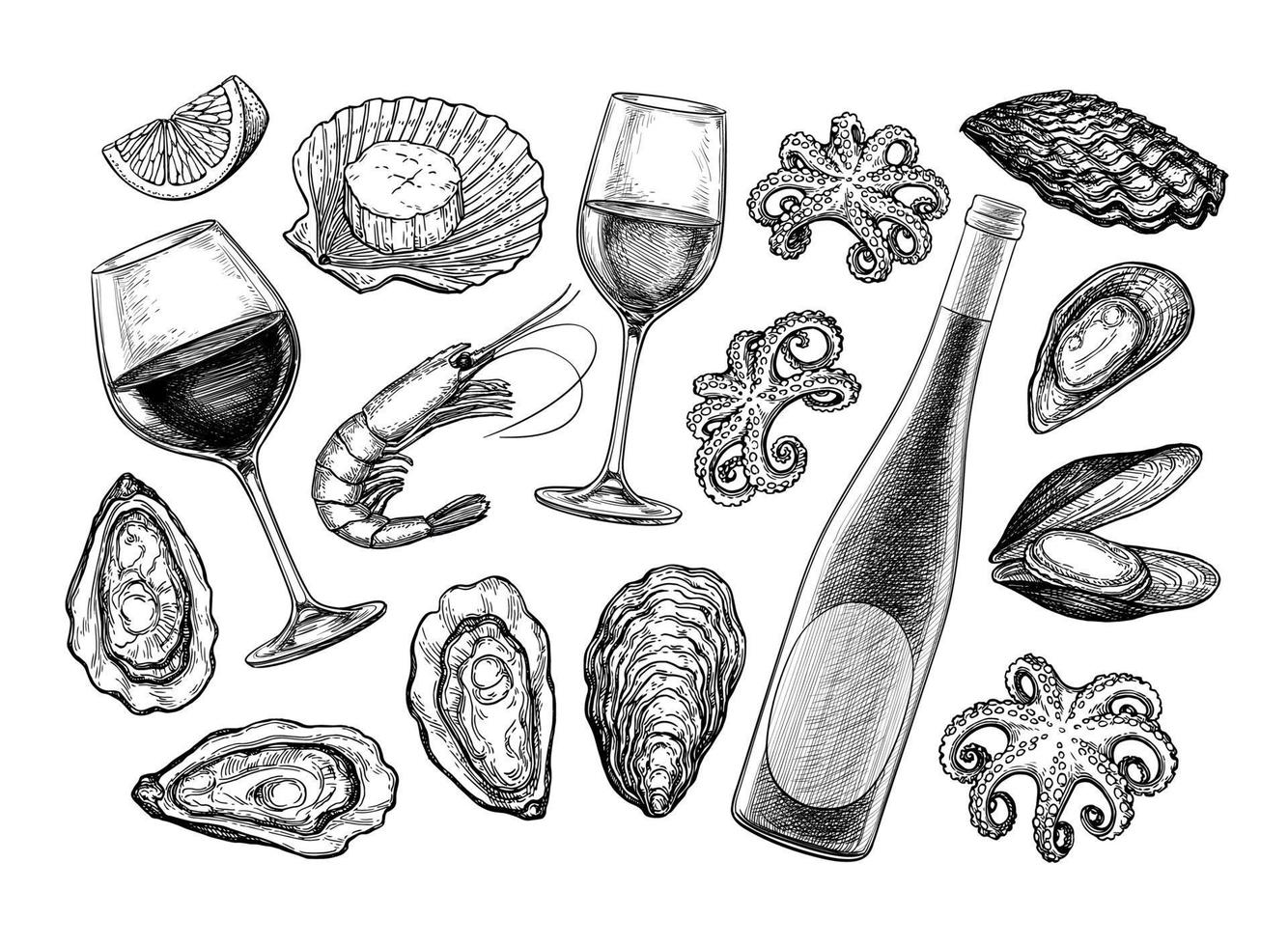 Wine and seafood. Ink sketch collection isolated on white background. Hand drawn vector illustration. Retro style.