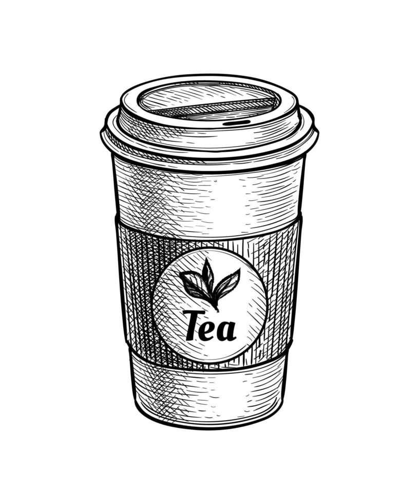 Hot tea. Paper cup with lid. label with text and leaves. Ink sketch isolated on white background. Hand drawn vector illustration. Retro style.