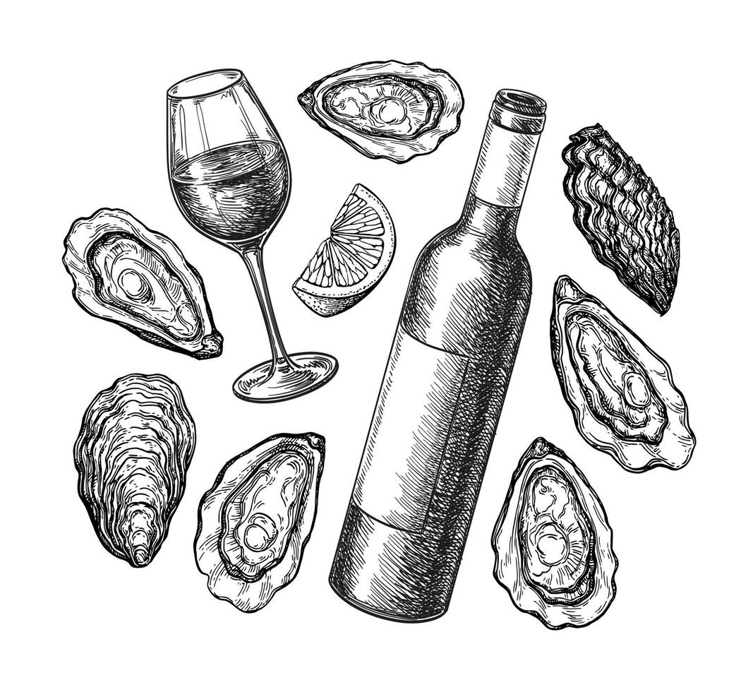 Wine and oysters with lemon. Bottle and glass. Ink sketch isolated on white background. Hand drawn vector illustration. Retro style.