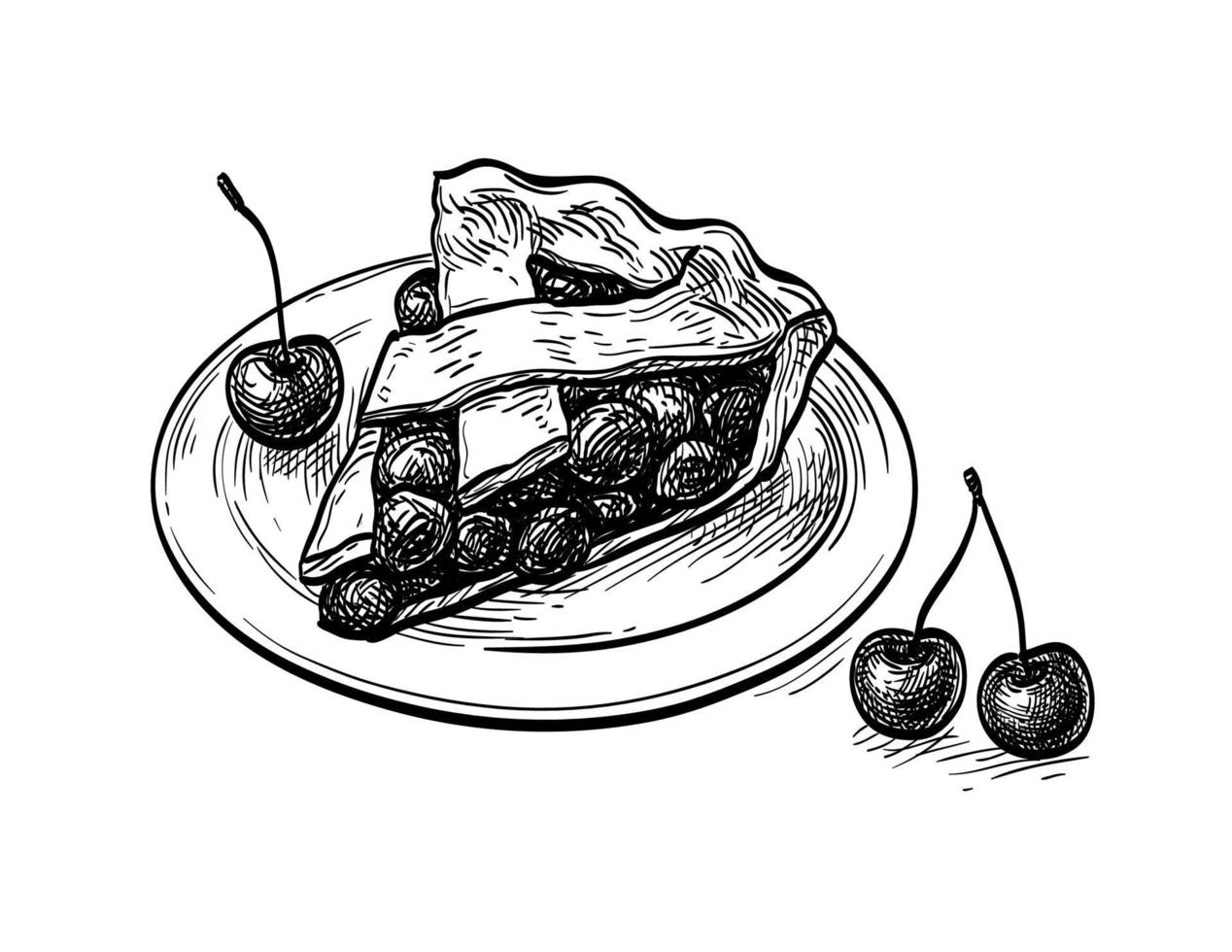 Cherry pie. Ink sketch isolated on white background. Hand drawn vector illustration. Retro style.