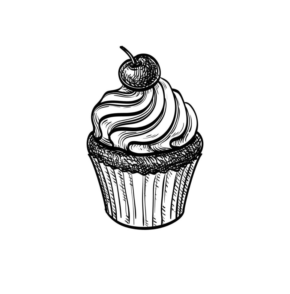 Cupcake with cherry. Ink sketch isolated on white background. Hand drawn vector illustration. Retro style.