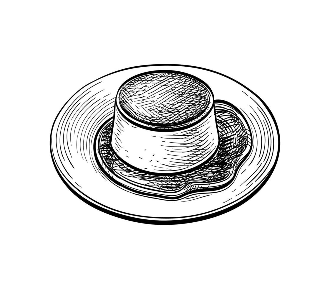 Creme Caramel. Ink sketch isolated on white background. Hand drawn vector illustration. Retro style.