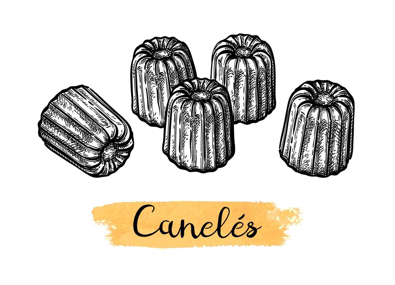 Canele. French pastry. Ink sketch isolated on white background. Hand drawn vector illustration. Retro style.