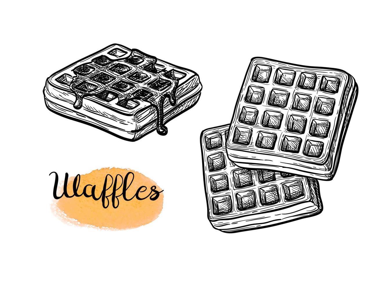 Ink sketch of waffle with syrup topping. Ink sketch isolated on white background. Hand drawn vector illustration. Retro style.