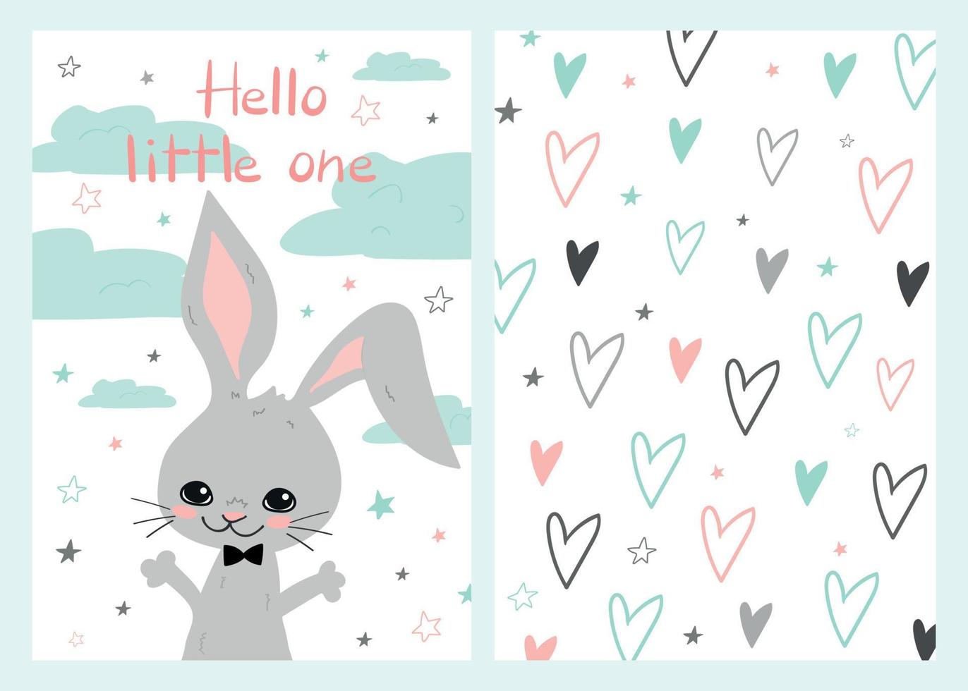 Hello little one greeting card with two sides. For baby shower and congratulations on the birth of a baby. Handwriting. Cute bunny with clouds and stars. Back side with hearts and stars on white vector