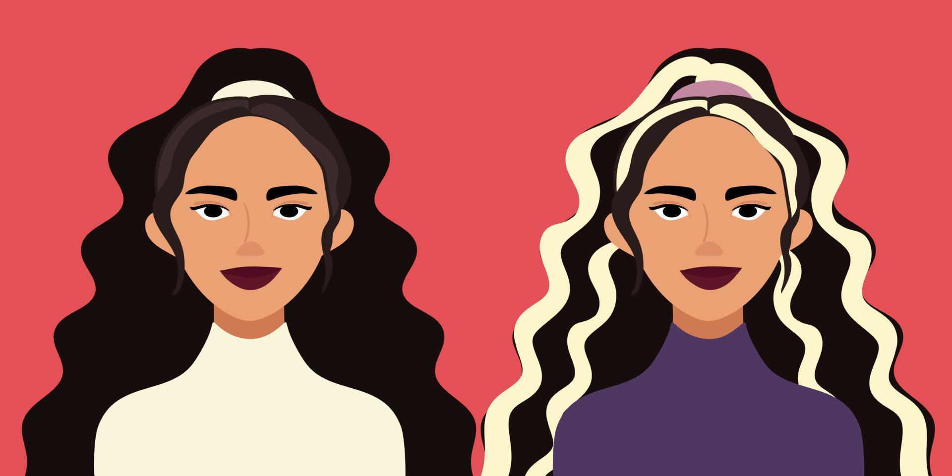 sonriente mujer en dos diferente apariencia. plano estilo. hembras vector