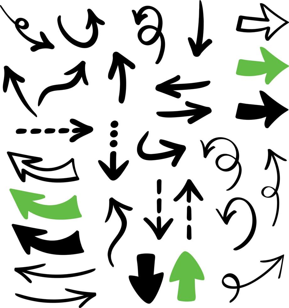 Hand drawn simple arrows set. Various shape arrows. Doodle design vector