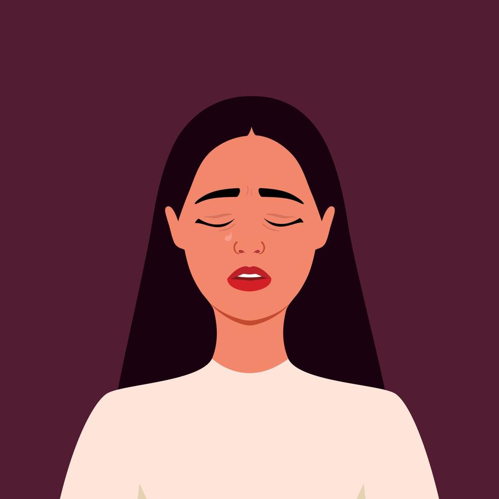 Young woman is crying. Human emotions. Sadness. Despair. Female. Flat style vector
