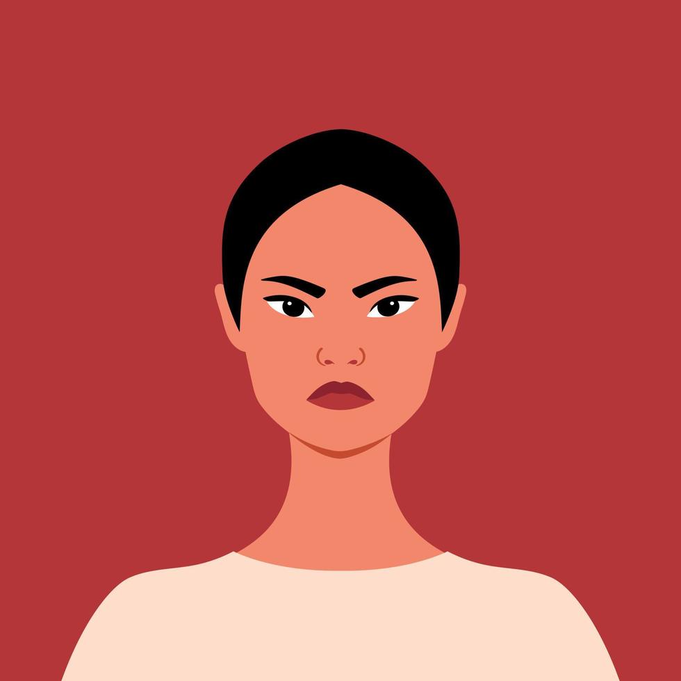 Portrait of an angry Asian woman. Grumpy girl. Felleing anger. Full face portrait in flat style. Human emotions vector