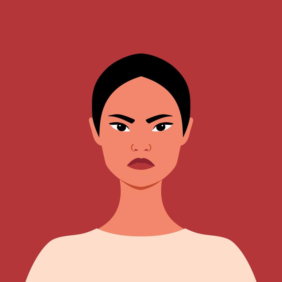 Portrait of an angry Asian woman. Grumpy girl. Felleing anger. Full face portrait in flat style. Human emotions vector