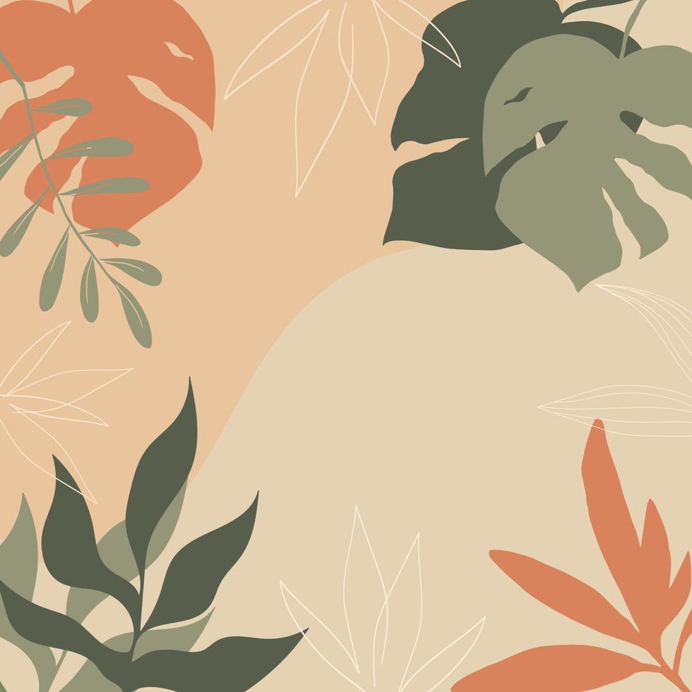 Abstract botanical foliage and leaves background in pastel colors. Beige background with hand drawn lines. Tropical leaves monstera. Plants. Organic shapes. vector