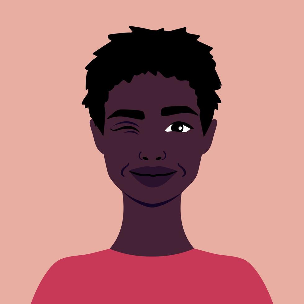 retrato de un hermosa africano mujer sonriente y parpadeo. lleno cara retrato en plano estilo. avatar. femenino. diversidad vector