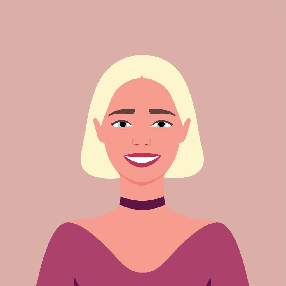 joven rubia mujer es sonriente. avatar. retrato. humano emociones felicidad. alegría. femenino. plano estilo vector