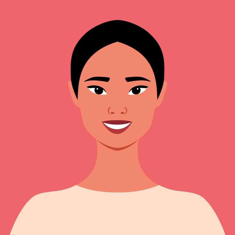 Portrait of a beautiful Asian woman. Happy smiling girl. Full face portrait in flat style. Avatar. Female. Diversity vector