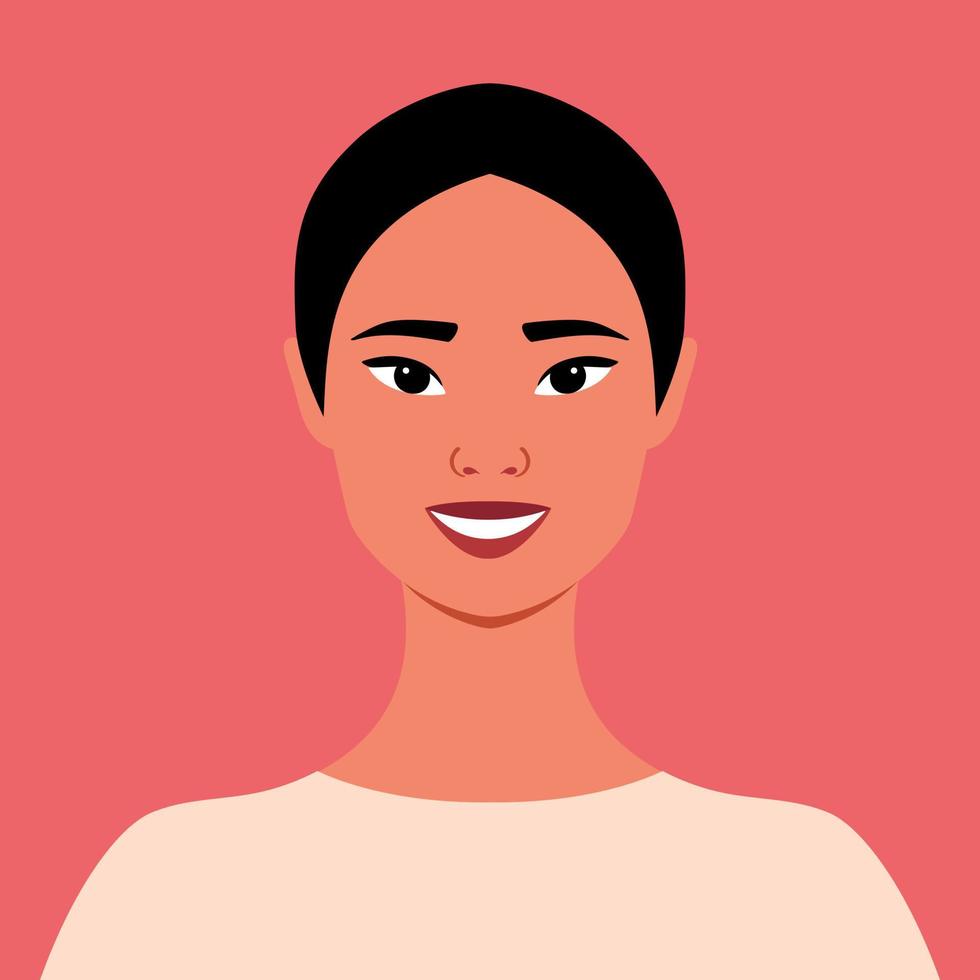 Portrait of a beautiful Asian woman. Happy smiling girl. Full face portrait in flat style. Avatar. Female. Diversity vector