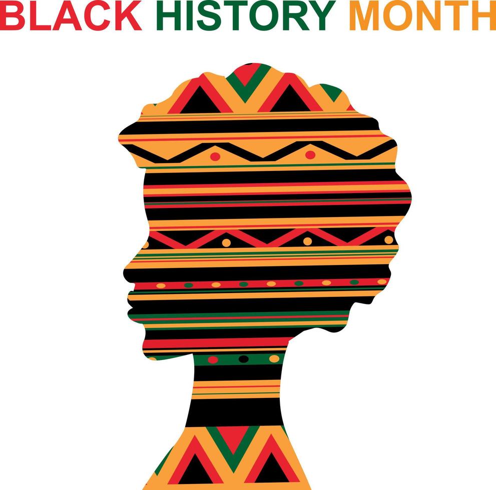 Black history month. Woman silhouette with geometric pattern in green, yellow and red colors. African American History. Celebrated annual. vector