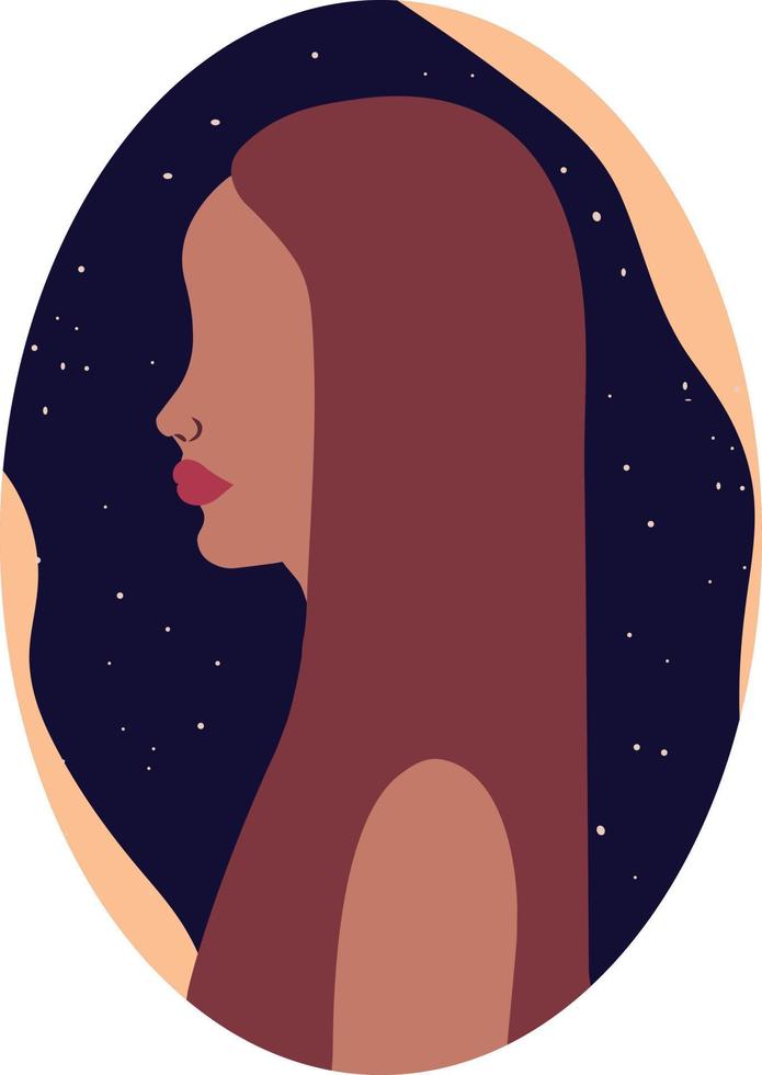 Female silhouette on night sky background. Abstract woman profile. Contemporary art. Femininity. Hand drawn vector