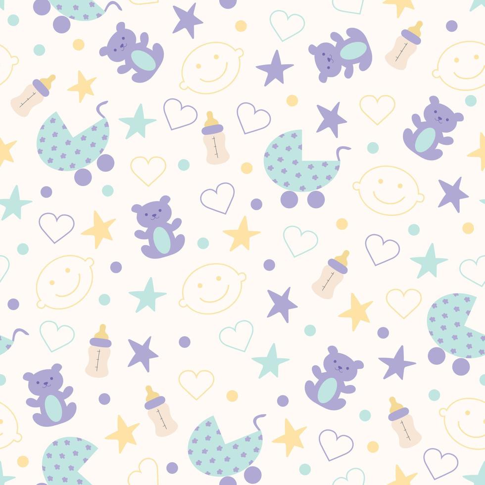 Cute baby seamless pattern for decoration, children's room, blankets, gifts, baby shower greetings. Baby toys and attributes in pastel colors vector