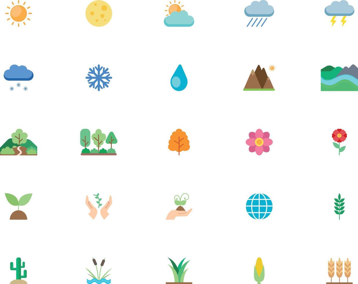 naturaleza y ambiente conjunto de íconos en plano estilo. paquete de brillante íconos de ecología, clima, estaciones y paisaje. vector Arte