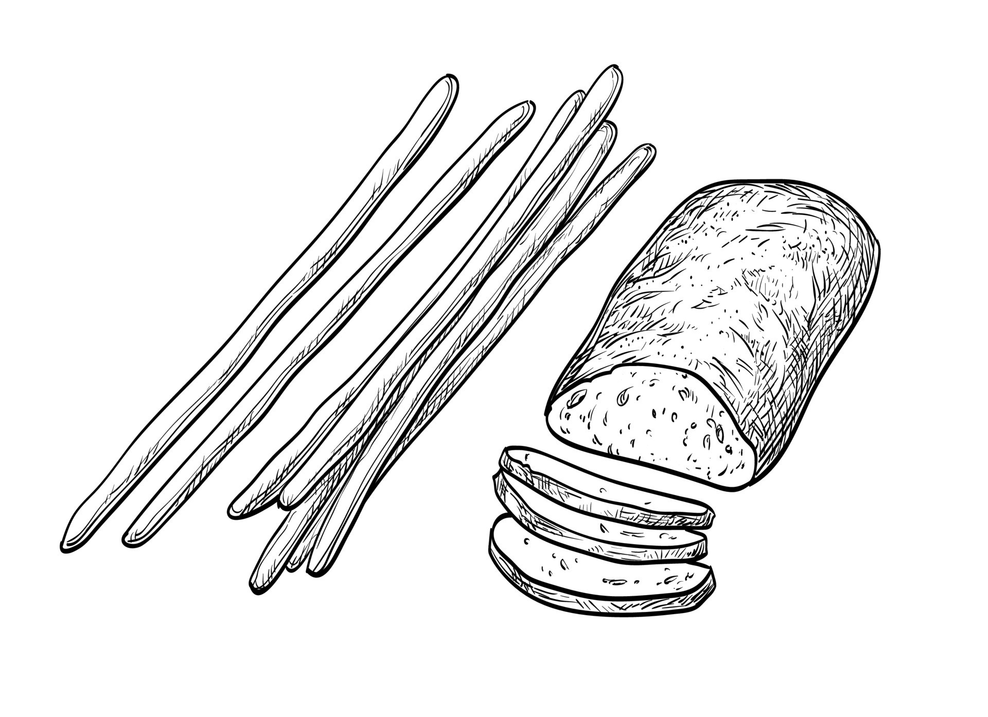 Ciabatta and bread sticks. Isolated on white background. Hand drawn