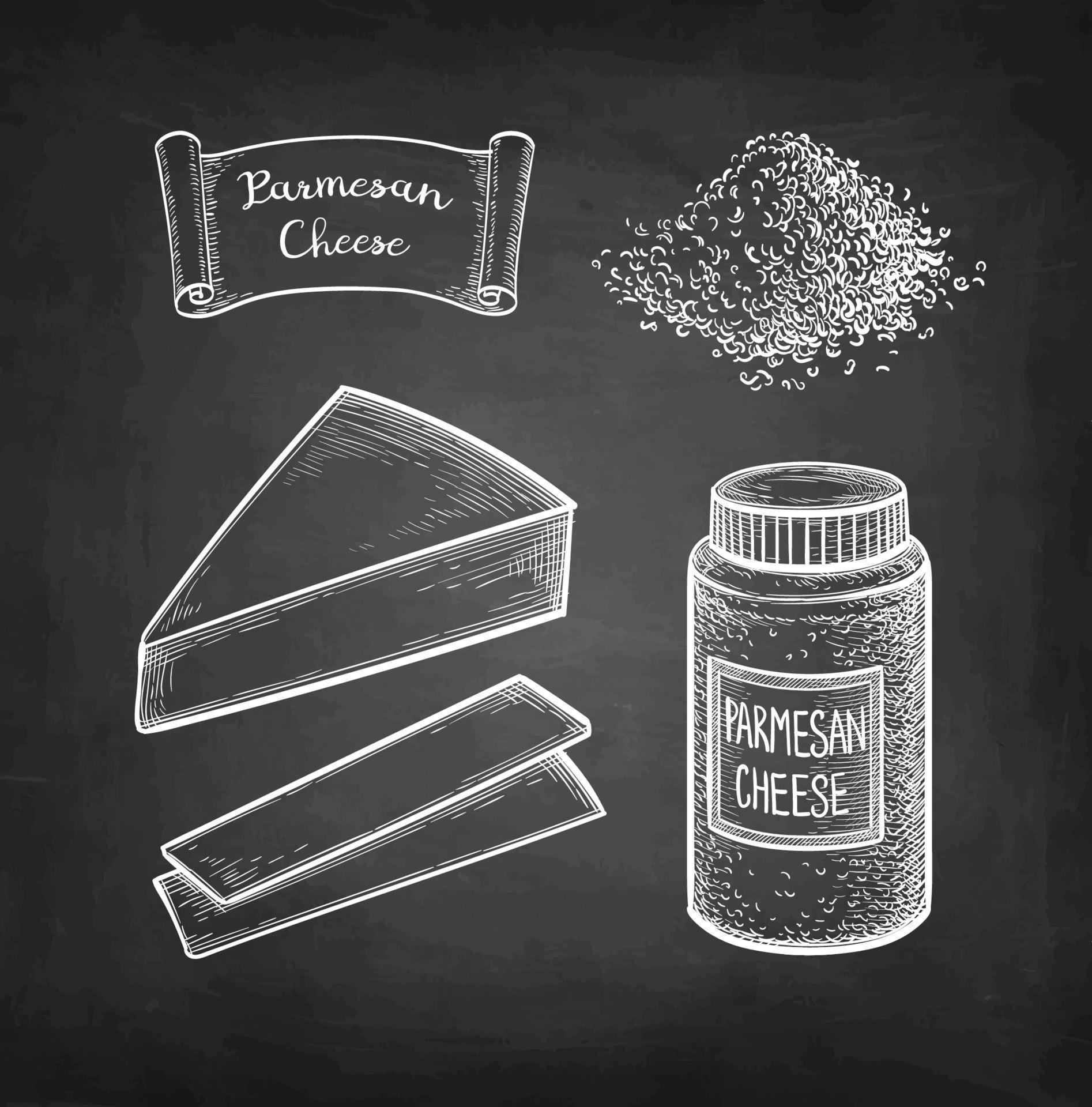 Grated Parmesan cheese. Jar, handful, slices and block. Chalk sketch on blackboard background