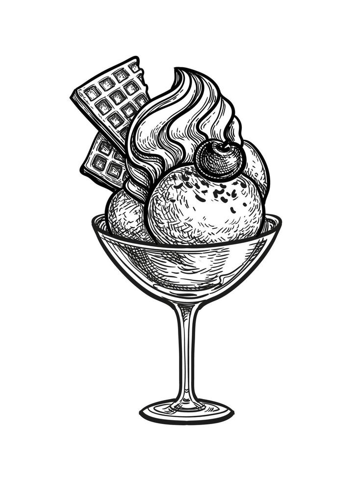 Three scoops of ice cream with waffles and wripped cream, cherry and chocolate chip. Ink sketch isolated on white background. Hand drawn vector illustration. Retro style.