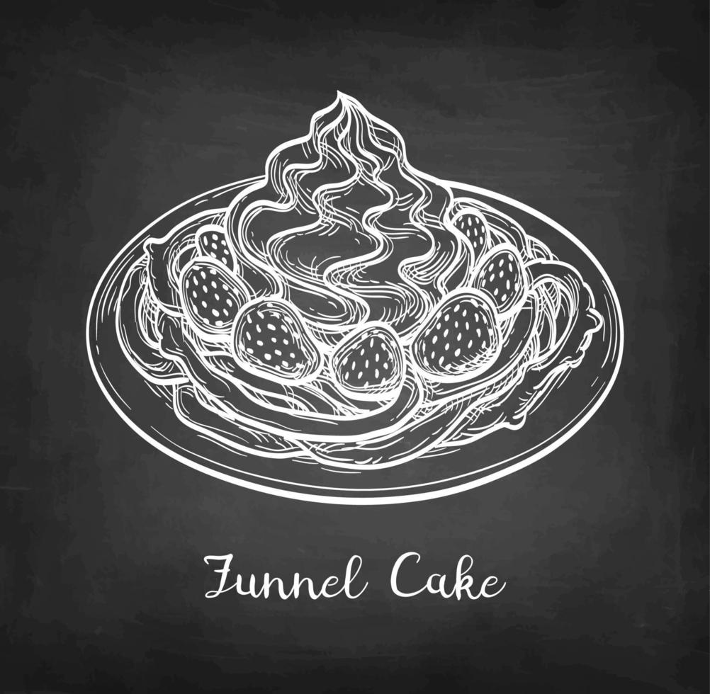 Funnel cake with strawberries and whipped cream. Chalk sketch on blackboard background. Hand drawn vector illustration. Retro style.