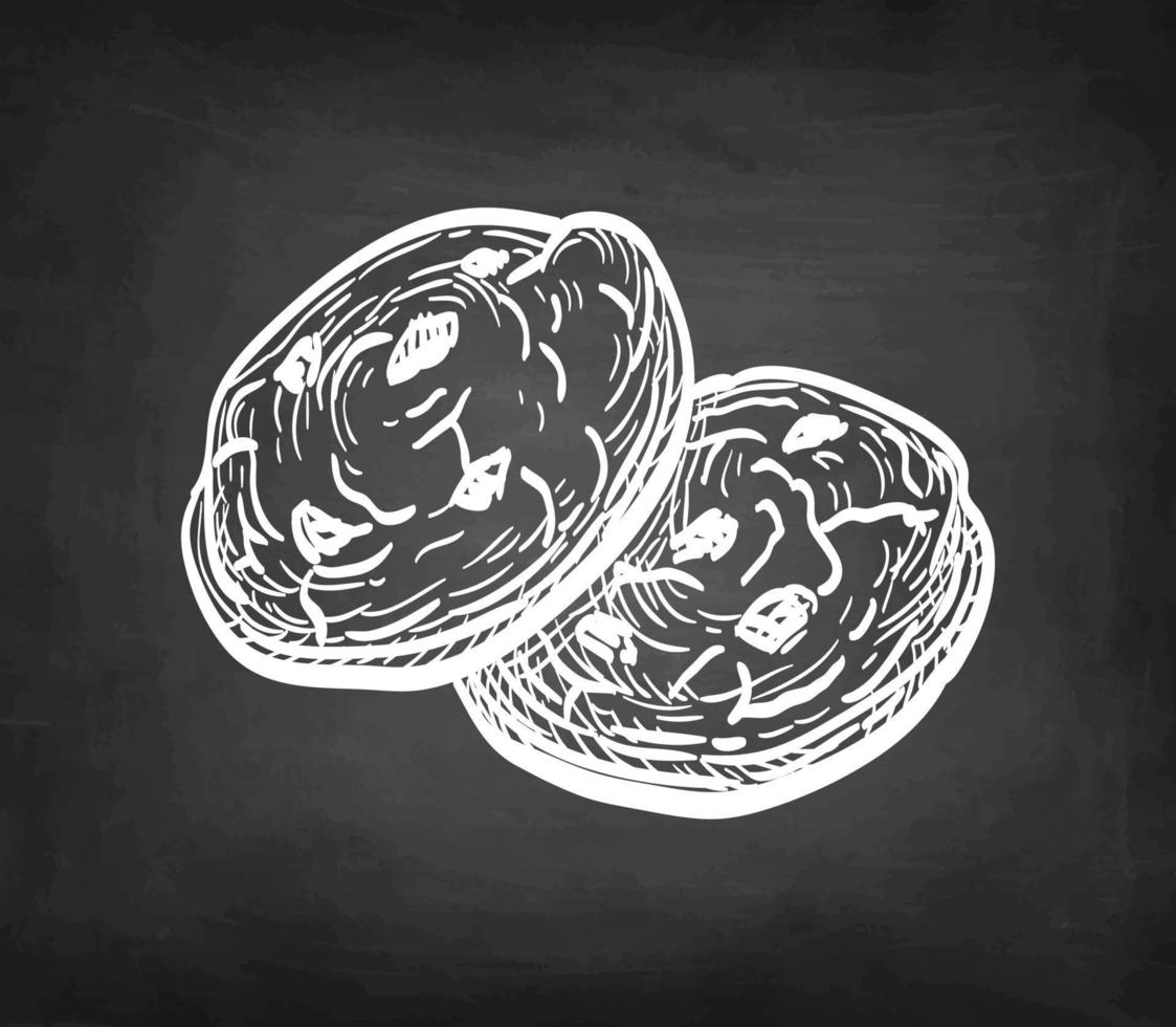 Chocolate chip cookies. Chalk sketch on blackboard background. Hand drawn vector illustration. Retro style.