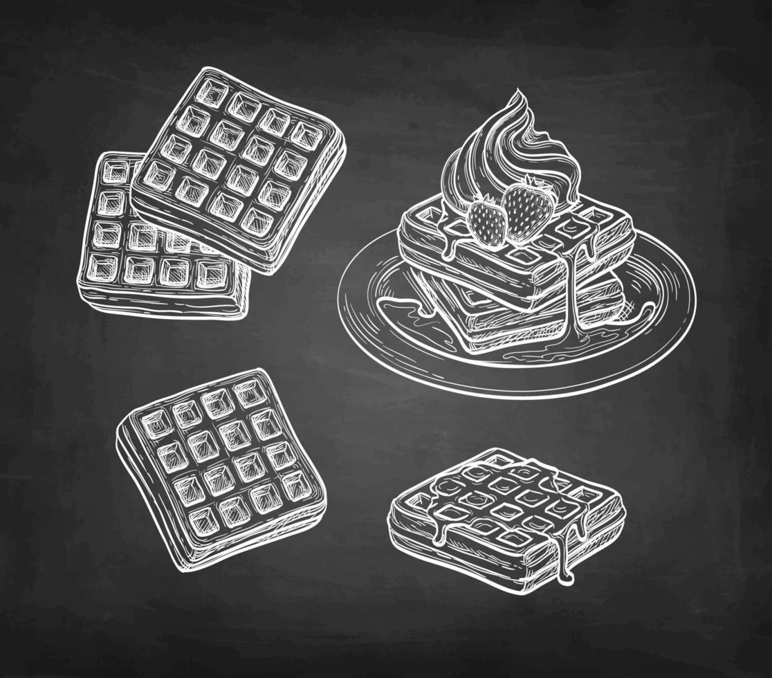 Waffles with cream and strawberry topping. Chalk sketch on blackboard background. Hand drawn vector illustration. Retro style.