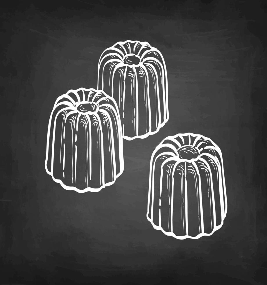 Canele. French pastry. Chalk sketch on blackboard background. Hand drawn vector illustration. Retro style.