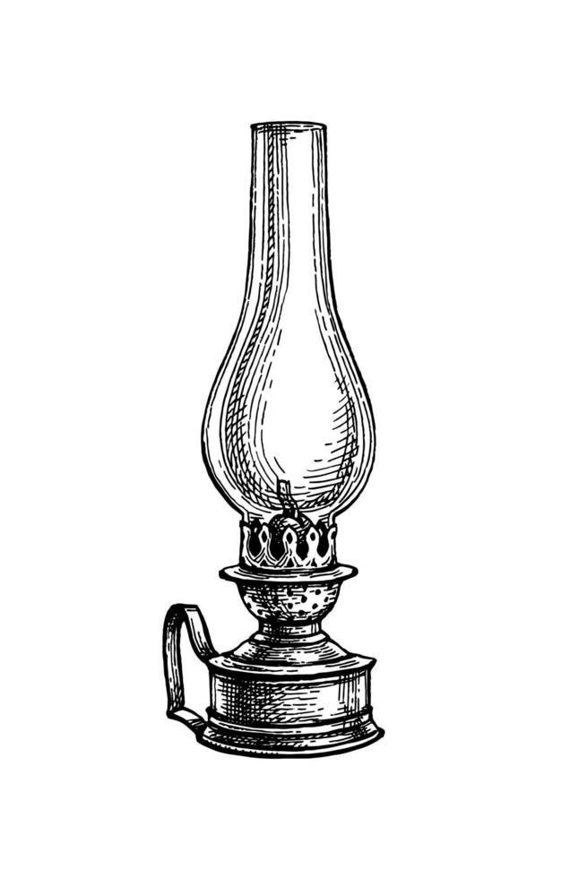 Kerosene lamp. Vintage oil lantern. Ink sketch isolated on white background. Hand drawn vector illustration. Retro style.