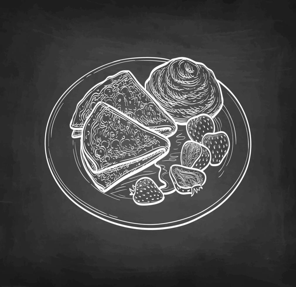 French crepes or Russian blinis with sour cream, strawberries and syrup. Chalk sketch on blackboard background. Hand drawn vector illustration. Retro style.