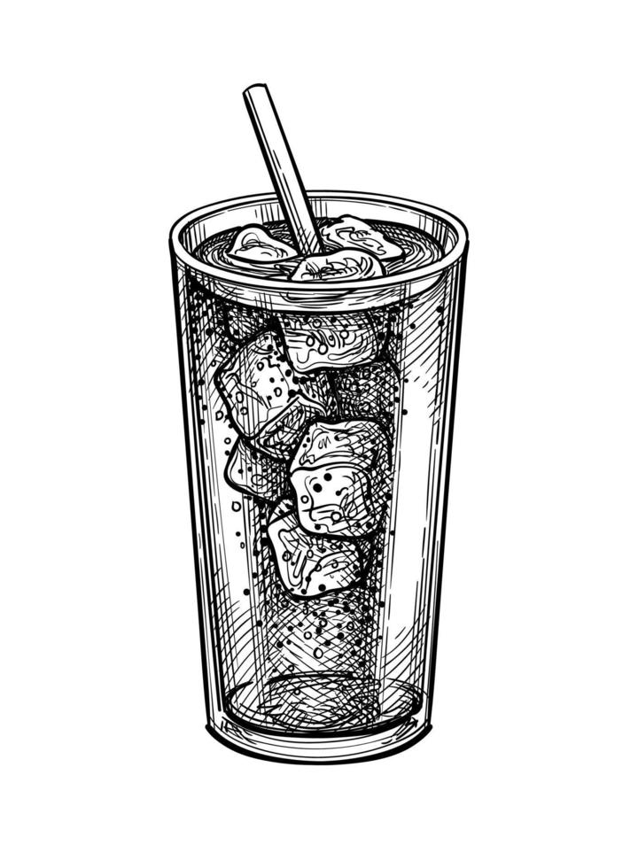 Soda glass with ice and drinking straw. Ink sketch of cola isolated on white background. Hand drawn vector illustration. Retro style.
