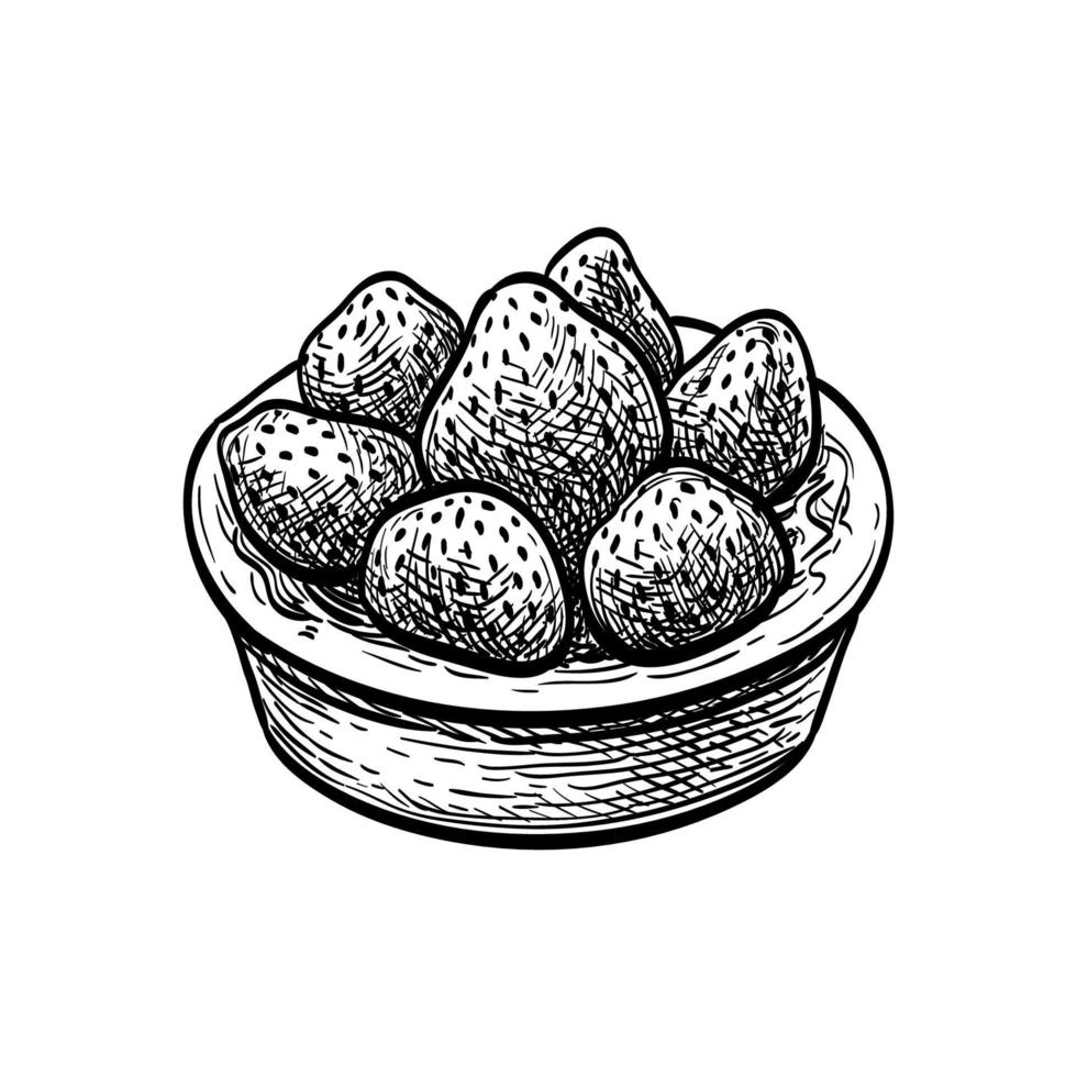 Fruit tart with fresh strawberry. Ink sketch isolated on white background. Hand drawn vector illustration. Retro style.