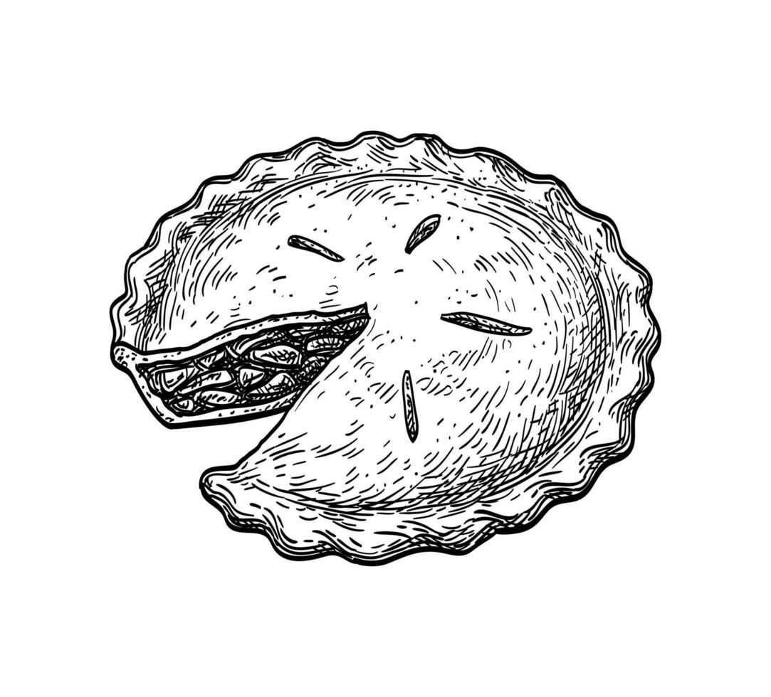 Apple pie. Ink sketch isolated on white background. Hand drawn vector illustration. Retro style.