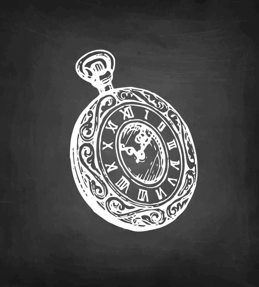 Vintage pocket watch with ornament. Chalk sketch on blackboard background. Hand drawn vector illustration. Retro style.