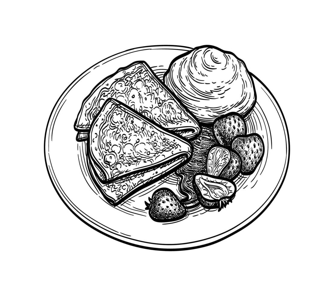 French crepes with sour cream, strawberries and syrup. Ink sketch isolated on white background. Hand drawn vector illustration. Retro style.