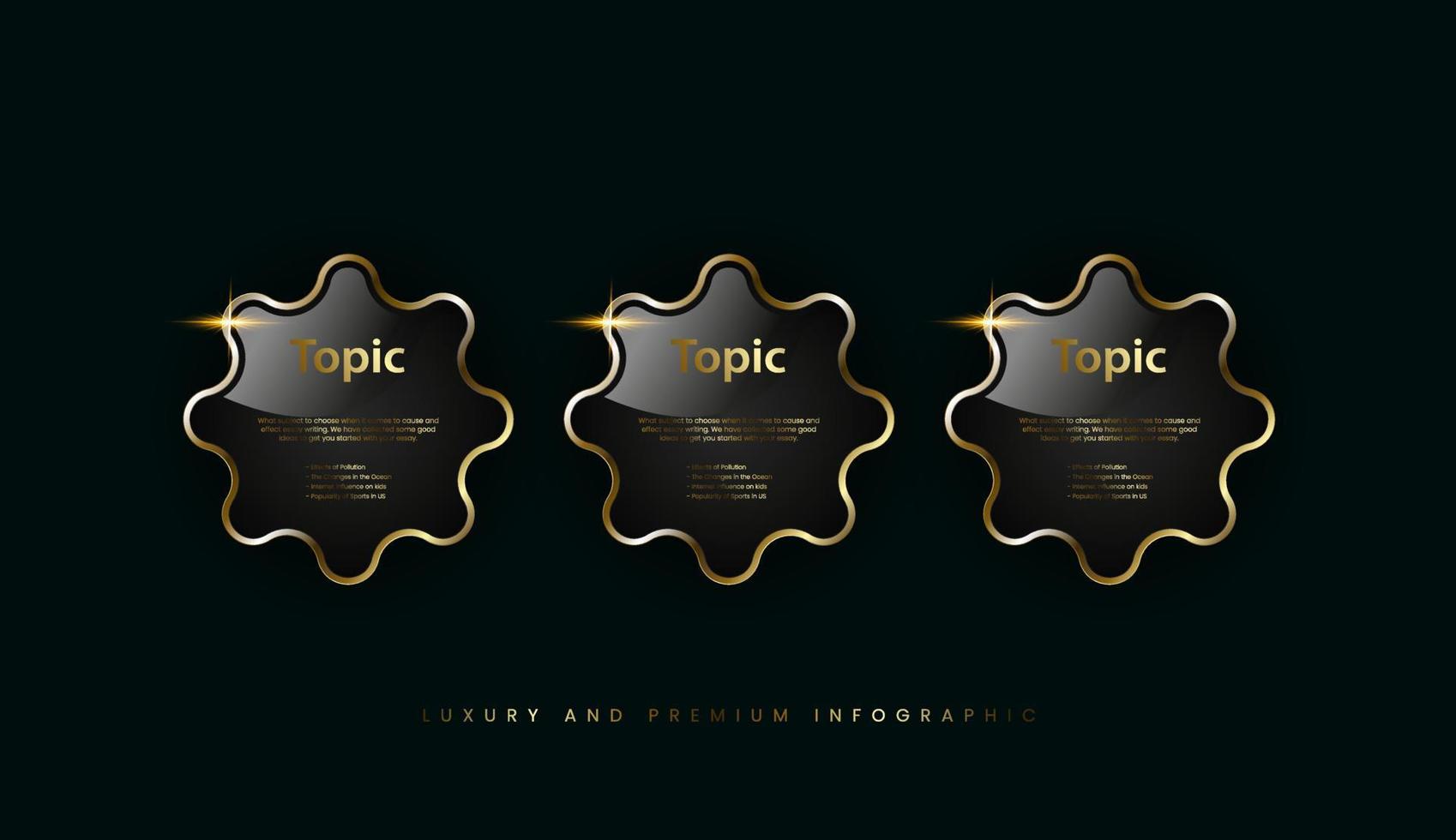 grupo de lujo oro elementos, Tres botones colocar, símbolo, dorado botón y prima bandera en oscuro antecedentes vector