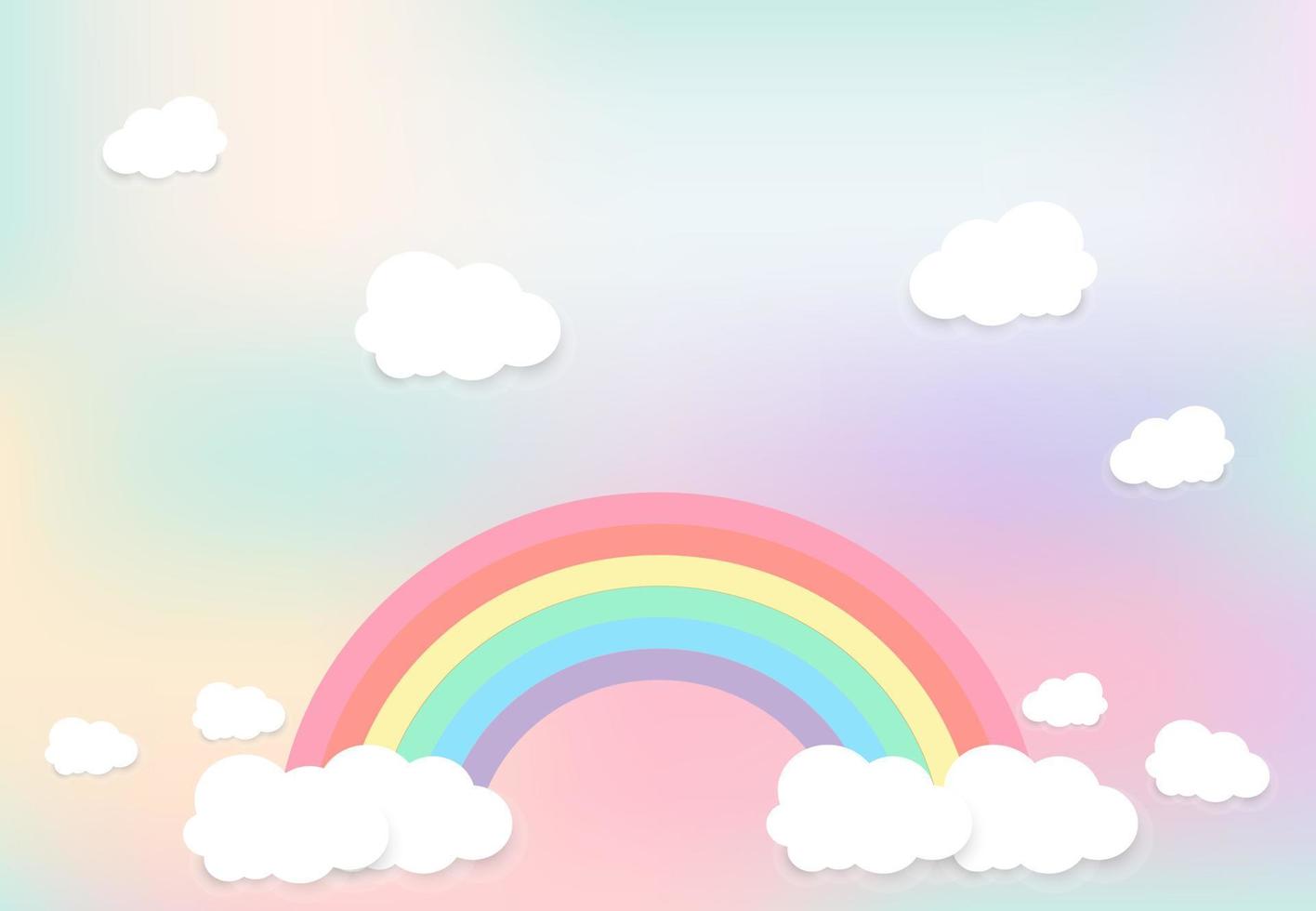 Pastel Rainbows With smooth white Clouds on gradient pastel Vector Illustration
