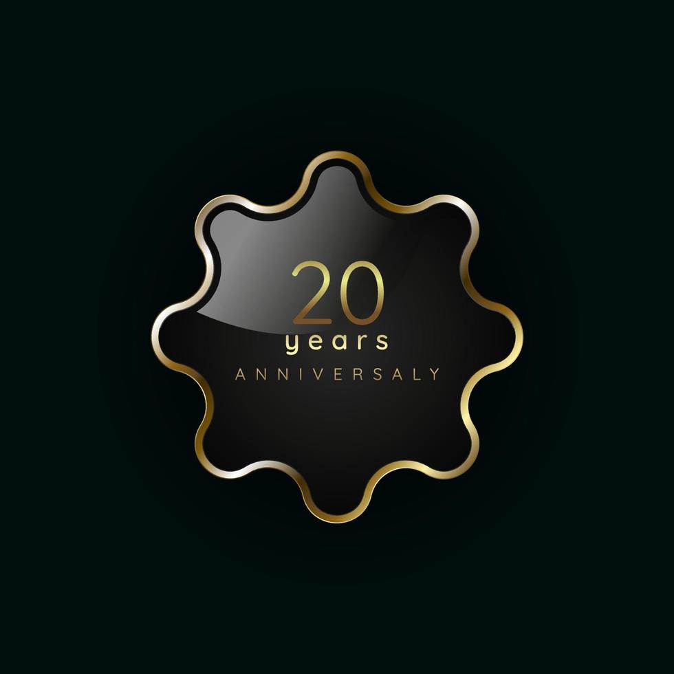 20 años aniversario lujo oro elemento, botón, símbolo, dorado botón y prima bandera en oscuro antecedentes vector