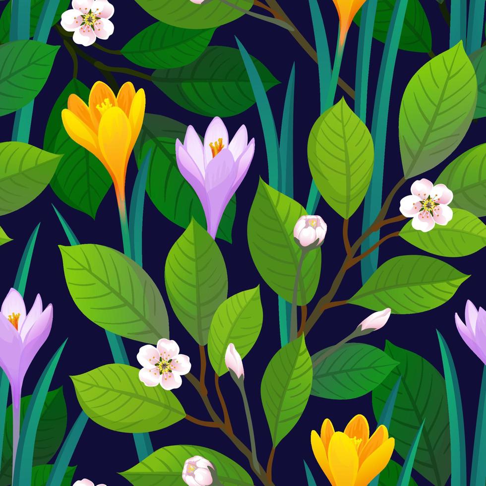 Floral seamless pattern with crocuses and cherry blossom. Vector illustration of leaves and flowers. Spring and summer background.