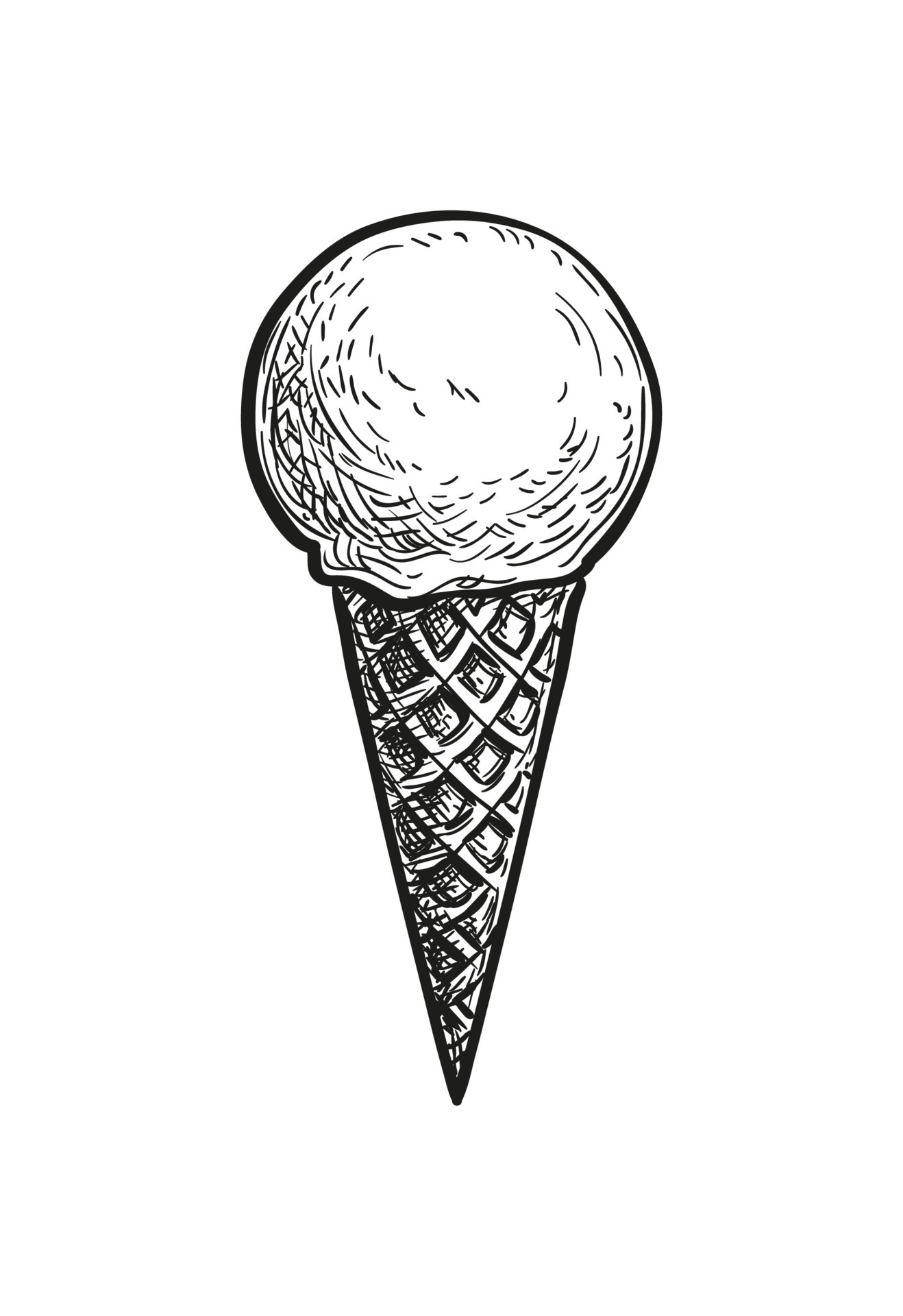 One scoop of ice cream in a waffle cone. Ink sketch isolated on