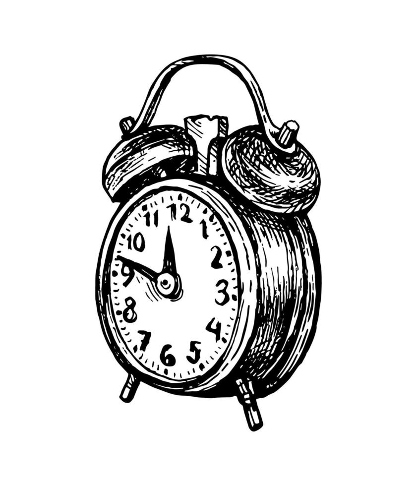 Twin bell alarm clock. Ink sketch isolated on white background. Hand drawn vector illustration. Retro style.