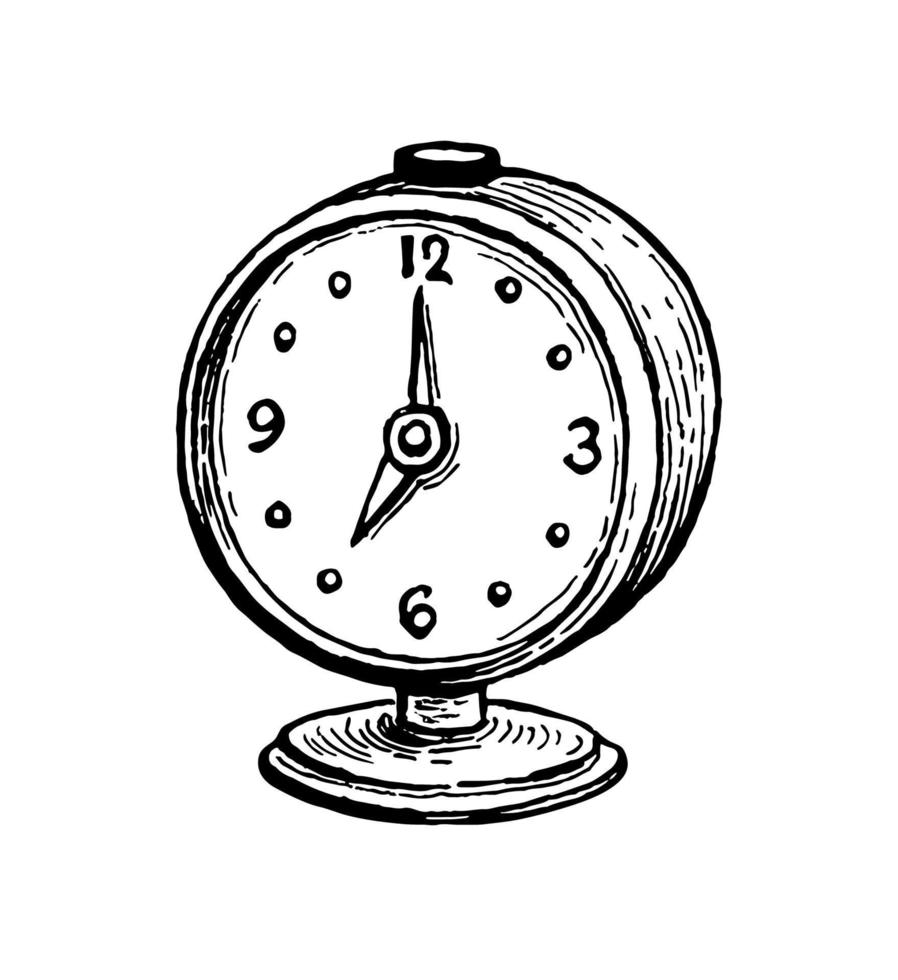 Vintage alarm clock. Ink sketch isolated on white background. Hand drawn vector illustration. Retro style.