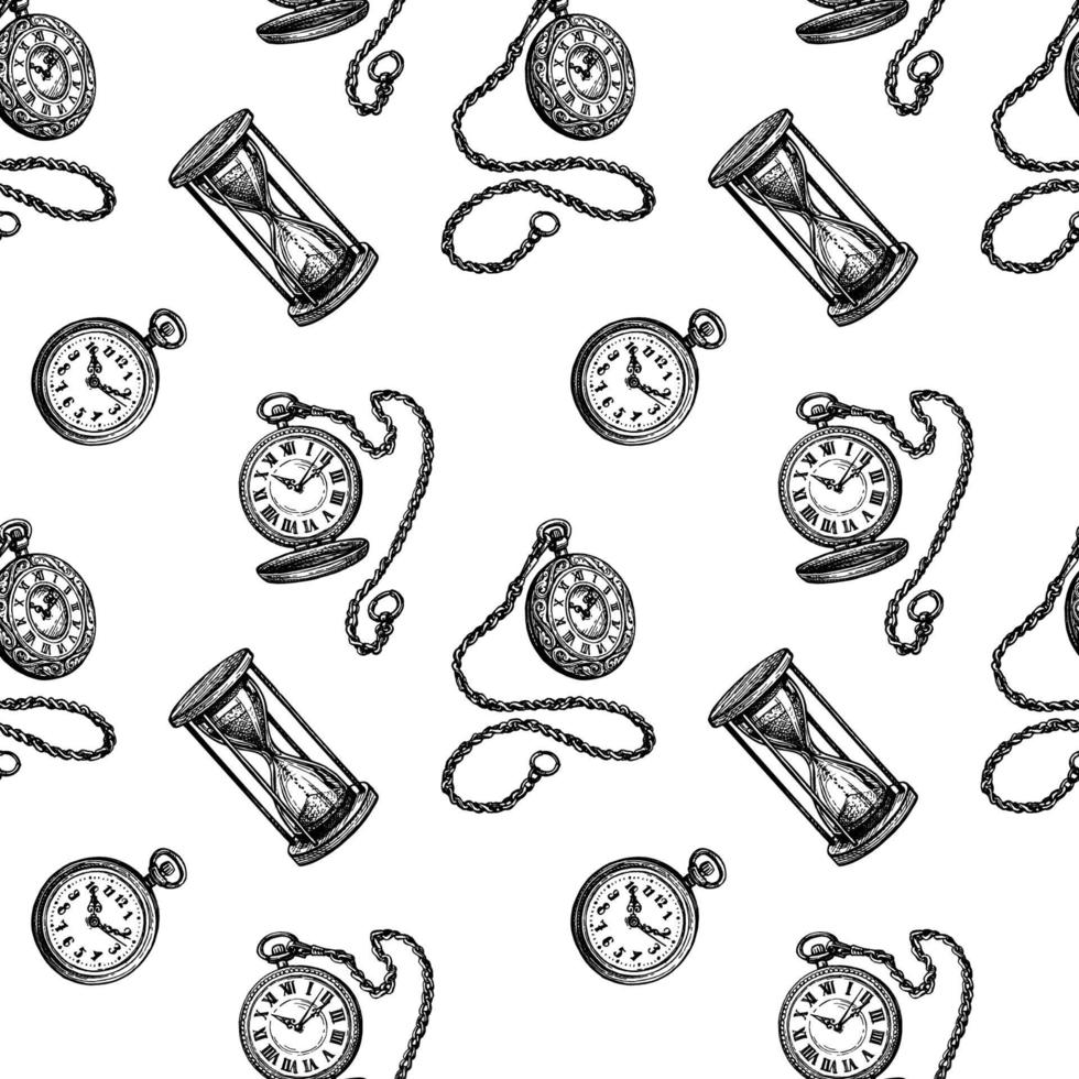 Seamless pattern with clock pocket watch and hourglass. Ink sketch isolated on white background. Hand drawn vector illustration. Retro style.