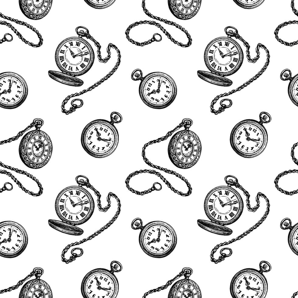 Pocket watch. Seamless pattern. Ink sketches on white background. Hand drawn vector illustration. Retro style.