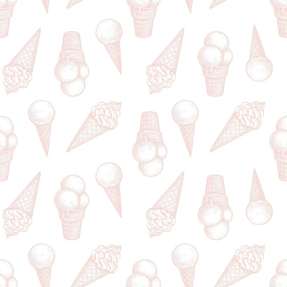Ice cream cones. Seamless pattern. Ink sketch isolated on white background. Hand drawn vector illustration. Retro style.