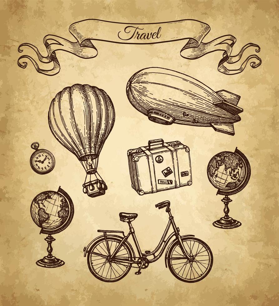 Vintage travel set. Ink sketch on old paper background. Hand drawn
