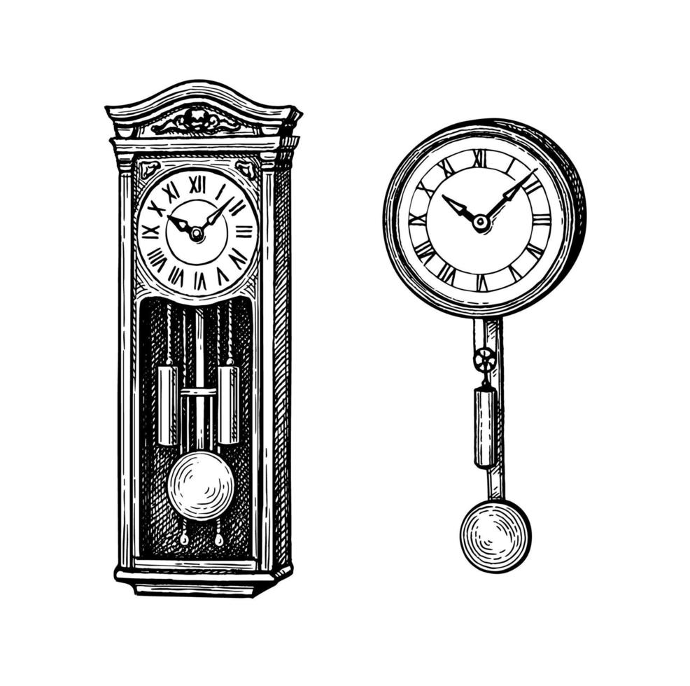 Clásico péndulo reloj. tinta bosquejo aislado en blanco antecedentes. mano dibujado vector ilustración. retro estilo.