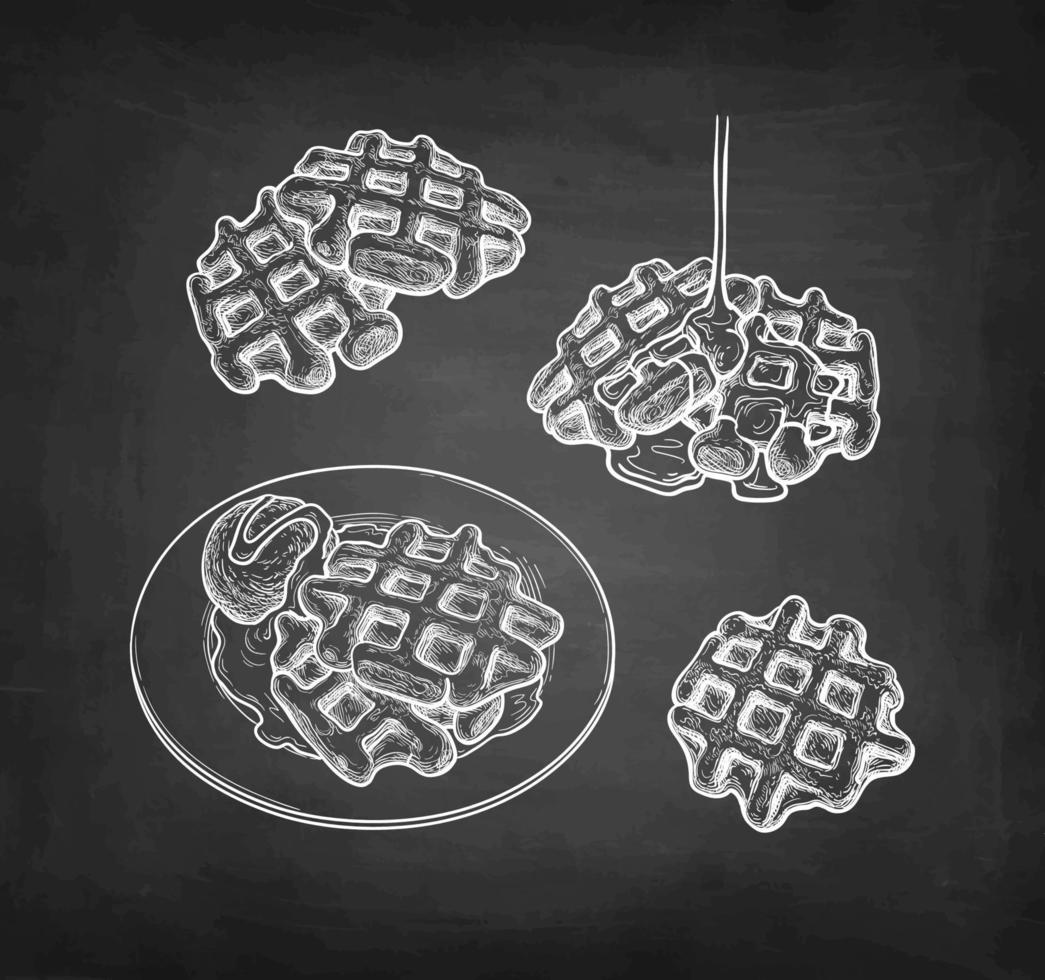 Set of chalk sketches on blackboard background. Waffles with syrup and ice cream. Hand drawn vector illustration. Retro style collection.